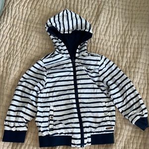Mayoral reversible navy/navy and white striped hooded jacket wind breaker | 5T